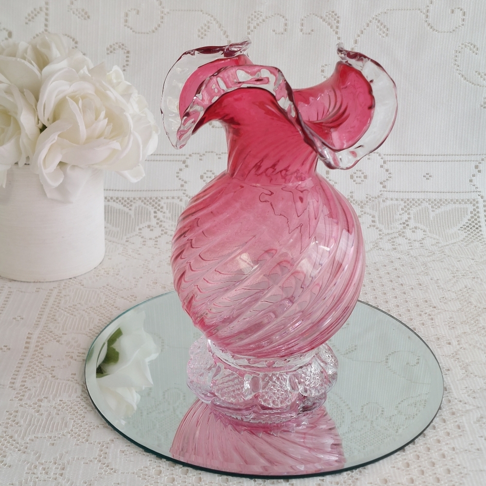 Hand Blown Glass Cranberry Swirl Rossi Art Glass Vase - 9 Inch